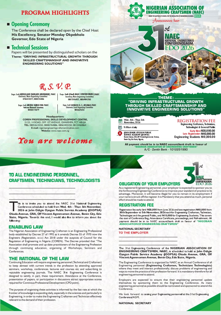 NAEC Announces 31st National Engineering Conference/AGM in Edo State